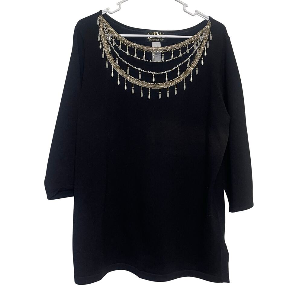 Bob Mackie Wearable Art Women's 3/4 Sleeve Black Embellished Sweater Mesh Beaded